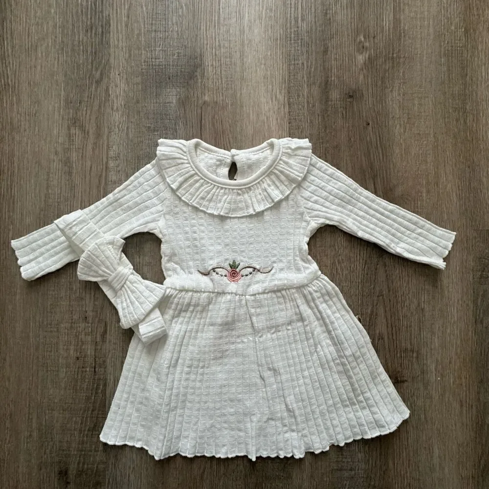 Organic Cotton Baby Girl Knit Ribbed Dress Outfit, Soft light Flower Clothing